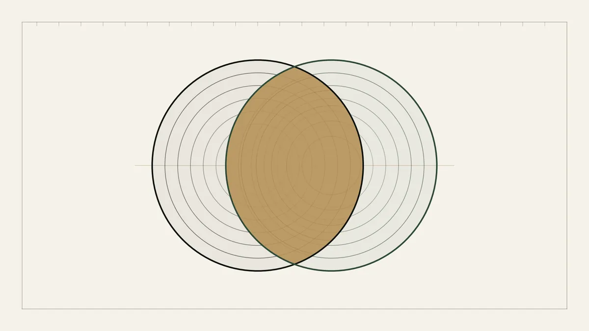 An abstract ink-and-forest editorial graphic: two circles, one outlined in ink and one in forest green, converge into a shared gold lens where they overlap -- representing Royal Aberdeen Golf Club and Aberdeen Ladies Golf Club becoming a single institution on 1 September 2026. Not a photograph; no club crests, logos or course imagery are shown.