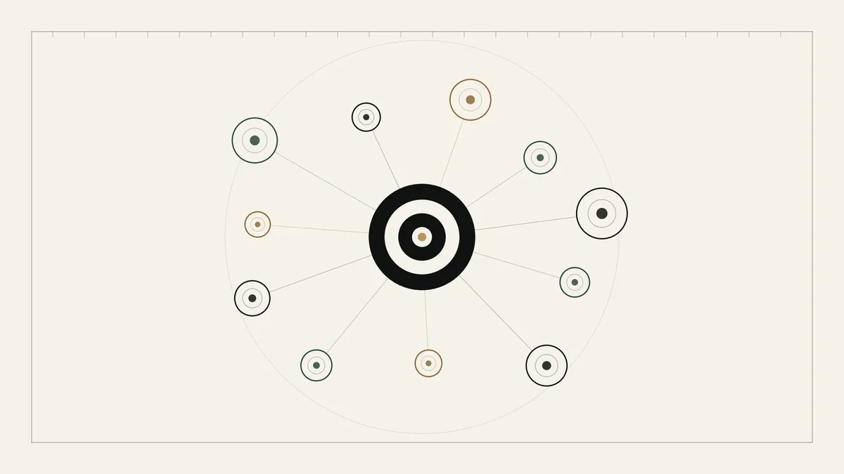 An abstract ink, forest-green and gold editorial diagram: a central ringed node, representing the Solheim Cup tournament itself, surrounded by eleven smaller connected nodes representing its commercial partners -- illustrating a sponsorship ecosystem rather than a list of logos. Not a photograph, and no tournament or sponsor branding is shown.